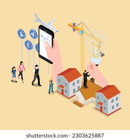 Developing travel online app isometric 3d vector illustration concept for banner, website, illustration, landing page, flyer, etc