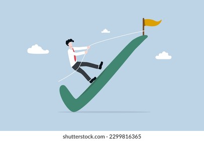 Developing working performance, aspiration to complete task, effort to improve efficiency concept, Businessman climbing check mark sign to reach flag at the peak.