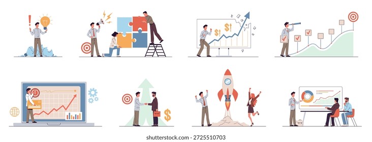 Developing your own business scenes. Successful startup, market analysis and planning, teamwork company creation, new project planning and performance nowaday vector cartoon flat style isolated set