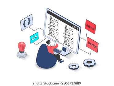 Development 3d isometric concept with isometry people design for web. Man working with programming code at computer screen, creating software products, computing and processing. Vector illustration.