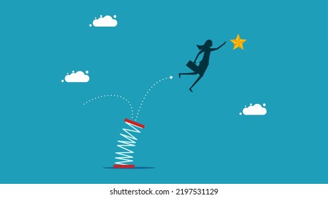 development to achieve success. businesswoman jumps on a high spring to grab a star
