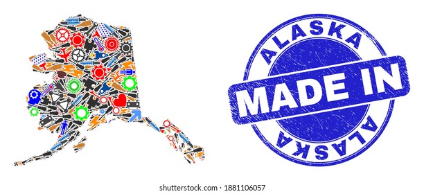 Entwicklung Alaska Karte Mosaik und MADE IN Notress Stempel Siegel. Alaska-Kartencollage, die aus Armwangen, Getriebe, Werkzeugen, Tasten, Flugzeugen, Flugzeugen, Flugzeugen, Flugzeugen, Luftfahrtsymbolen,