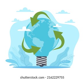 Development of alternative production of renewable energy sources. Light bulb with earth map and recycle sign, green ecological lifestyle, eco technologies vector cartoon flat concept