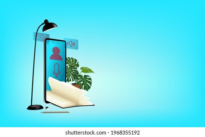 Development application virtual and augmented reality display technology for online learning non-school education on mobile phone, concept audiobooks for the visually impaired for vector illustration