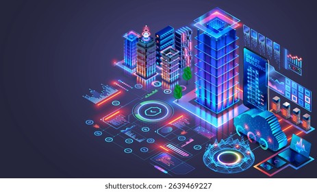 Development architecture AI computer systems of smart building. Smart house system programming software. Engineering development of building construction, communication, electricity with AI controls.