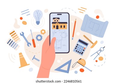 Development of architecture project vector illustration. Cartoon architects hand holding phone with building blueprint on screen, person using paper sketch, tools and software for product design