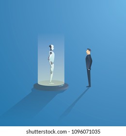 Development of artificial intelligence vector concept. AI bot and businessman. Symbol of innovation, future, technology. Eps10 vector illustration.
