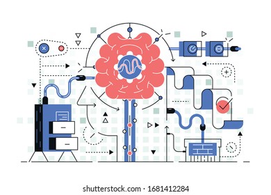 Development of artificial intelligence vector illustration. Digital brain. Ai research flat style concept. Innovative technology of computer science. Isolated on white