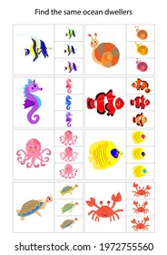 Development of attention, logic in children. Education in kindergarten. Children's vector template for educational books, developing education, on a marine theme.