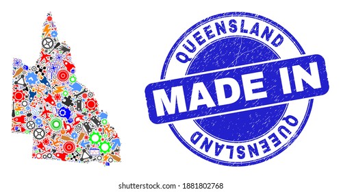 Desarrollo del mosaico de mapas australiano de Queensland y sello de caucho texturizado MADE IN. Mosaico cartográfico australiano de Queensland compuesto por: relojes, instrumentos, objetos, coches, chispas eléctricas, detalles.