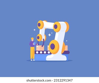 Development of automation system. A worker supervises the performance and movement of the robotic arm while operating. Industrial automation technology. Industrial Revolution 4.0. illustration concept