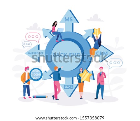 Development of a back-end platform for business process , data interactions integration. Vector illustration for web banner, infographics, mobile. Complex integrations Salesforce CRM, MS CRM,