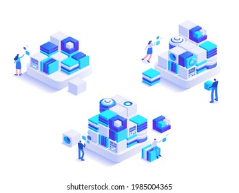 Development from beginnings abstract isometric concept. Improvement of technology, innovation, progress, system complication, expansion of business. Vector character illustration in isometric design