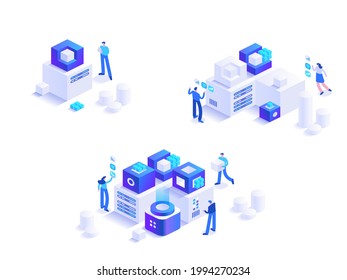 Development from beginnings abstract isometric concept. People complicate organization, expand business. Creation of technology, progress and growth. Vector character illustration in isometric design