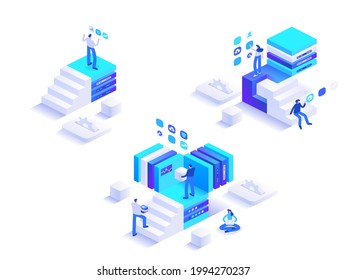 Development from beginnings abstract isometric concept. People climb up career ladder. Business progress and successful strategy. System expansion. Vector character illustration in isometric design