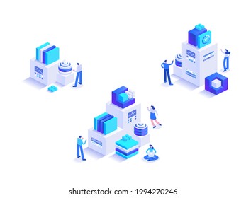 Development from beginnings abstract isometric concept. Start and progress in business project. Phased tech creation, organization complication. Vector character illustration in isometric design