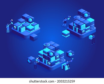 Development from beginnings abstract isometric concept. Improvement of technology, innovation, progress, system complication, expansion of business. Vector character illustration in isometric design