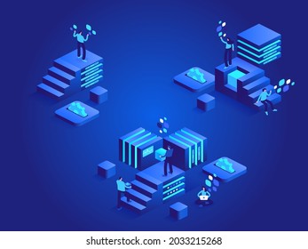 Development from beginnings abstract isometric concept. People climb up career ladder. Business progress and successful strategy. System expansion. Vector character illustration in isometric design