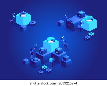 Development from beginnings abstract isometric concept. Business strategy, phased technology creation, system expansion, organization complication. Vector character illustration in isometric design