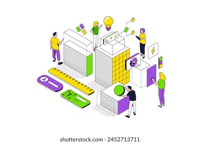 Development from beginnings abstract isometric concept. Business strategy, phased technology creation, system expansion, organization complication. Vector character illustration in isometric design