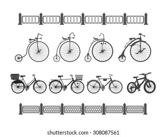 the development of the bicycle from the ancient to the modern
a set of bicycles from antiquity to the modern on a white background and the edge of the fences