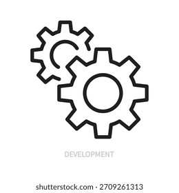 Icono de línea negra de desarrollo. Rueda dentada, signo de rueda dentada, símbolo. Avance, progreso, crecimiento, concepto de mejora. Ilustración vectorial. Trazo editable. Diseño plano. Aislado en un fondo blanco.