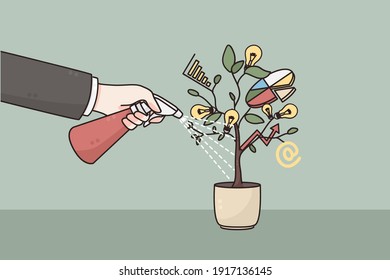 Development, business growth, strategy concept. Hand of businessman watering pot with developing project business startup with watering can meaning care investments and support