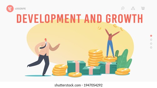 Development, Business Growth, Wealth and Prosperity Landing Page Template. Rich Business People Characters Jump on Pile of Golden Coins and Bills Throw Dollars in Air. Cartoon Vector Illustration