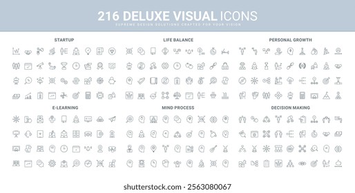 Development of business skills, startup investment, decision making and approval line icon set. Communication procedure and discussion on idea, mind process black outline symbols vector illustration