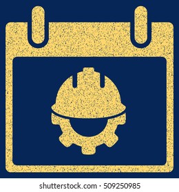 Development Calendar Day grainy textured icon for overlay watermark stamps. Flat symbol with dirty texture. Dotted vector yellow ink rubber seal stamp with grunge design on a blue background.