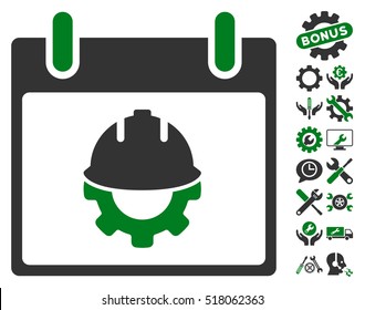 Development Calendar Day icon with bonus options icon set. Vector illustration style is flat iconic symbols, green and gray, white background.