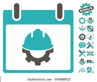 Development Calendar Day icon with bonus setup tools icon set. Vector illustration style is flat iconic symbols, grey and cyan, white background.