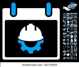 Development Calendar Day icon with bonus calendar and time management images. Vector illustration style is flat iconic symbols, blue and white, black background.