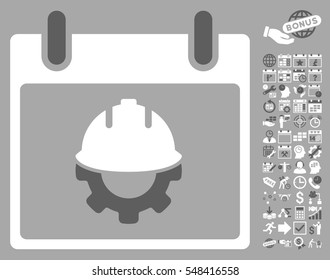 Development Calendar Day icon with bonus calendar and time management design elements. Vector illustration style is flat iconic symbols, dark gray and white, silver background.