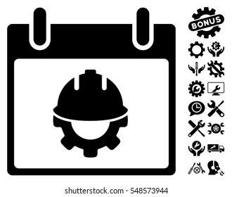 Development Calendar Day icon with bonus tools design elements. Vector illustration style is flat iconic symbols, black, white background.