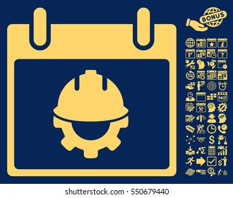 Development Calendar Day icon with bonus calendar and time management clip art. Vector illustration style is flat iconic symbols, yellow, blue background.