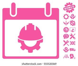 Development Calendar Day icon with bonus service design elements. Vector illustration style is flat iconic symbols, pink, white background.