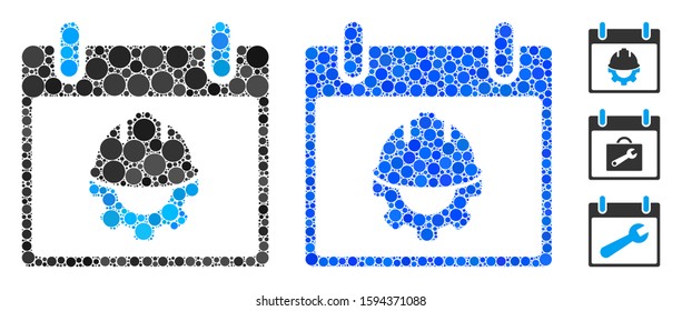 Development calendar day mosaic of round dots in variable sizes and shades, based on development calendar day icon. Vector round dots are united into blue composition.