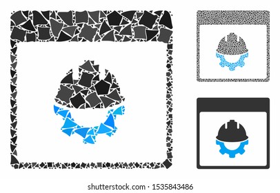 Development calendar page composition of inequal parts in various sizes and color hues, based on development calendar page icon. Vector inequal pieces are united into composition.
