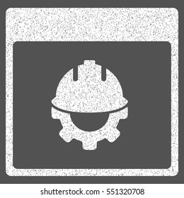 Development Calendar Page grainy textured icon for overlay watermark stamps. Flat symbol with scratched texture. Dotted vector white ink rubber seal stamp with grunge design on a gray background.