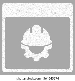 Development Calendar Page grainy textured icon for overlay watermark stamps. Flat symbol with scratched texture. Dotted vector white ink rubber seal stamp with grunge design on a silver background.