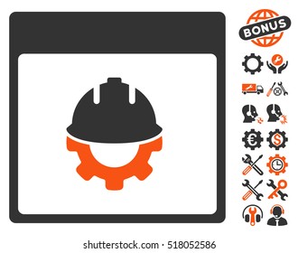Development Calendar Page icon with bonus service pictograph collection. Vector illustration style is flat iconic symbols, orange and gray, white background.