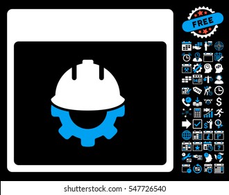 Development Calendar Page icon with bonus calendar and time management images. Vector illustration style is flat iconic symbols, blue and white, black background.