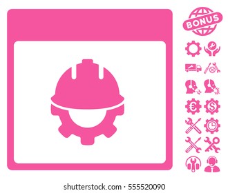 Development Calendar Page icon with bonus configuration images. Vector illustration style is flat iconic symbols, pink, white background.
