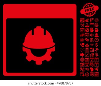 Development Calendar Page pictograph with bonus calendar and time management symbols. Vector illustration style is flat iconic symbols, red, black background.