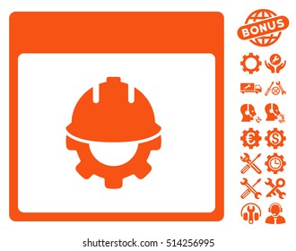 Development Calendar Page pictograph with bonus tools pictograms. Vector illustration style is flat iconic symbols, orange, white background.