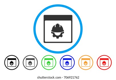 Development Calendar Page vector rounded icon. Image style is a flat gray icon symbol inside a blue circle. Bonus color variants are gray, black, blue, green, red, orange.