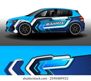 Development of car design for the company. Branding a car. Sticker brand car in blue and white colors. Sporty van service car wrap livery design vector file eps 10 decal printable file.