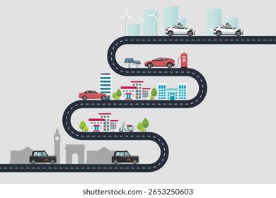 Development of car roadmap. Concept of successive steps of car development process. Vector illustration