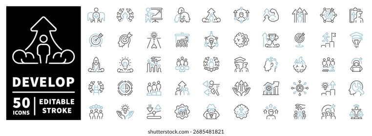 Development and career growth icons set – line editable icons for progress tracking